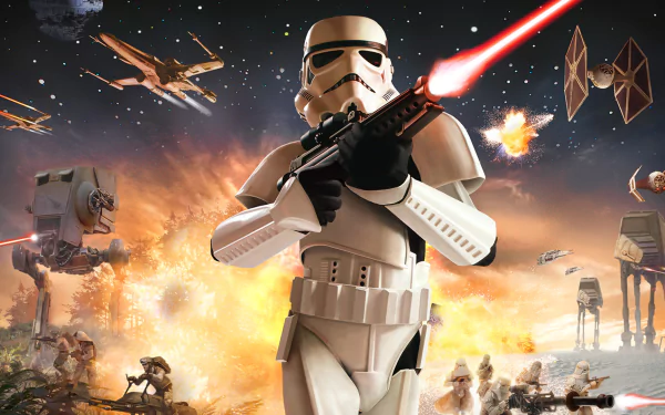 A dynamic HD wallpaper featuring an AT-AT Walker and X-Wing in a Star Wars Battlefront (2015) scene, showcasing a stormtrooper amidst an explosive battle.
