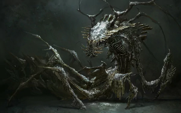 A haunting creature from Dead Space 3 looms ominously in a dark, eerie setting, showcasing intricate textures and a blend of horror and science fiction in this HD PC desktop wallpaper.