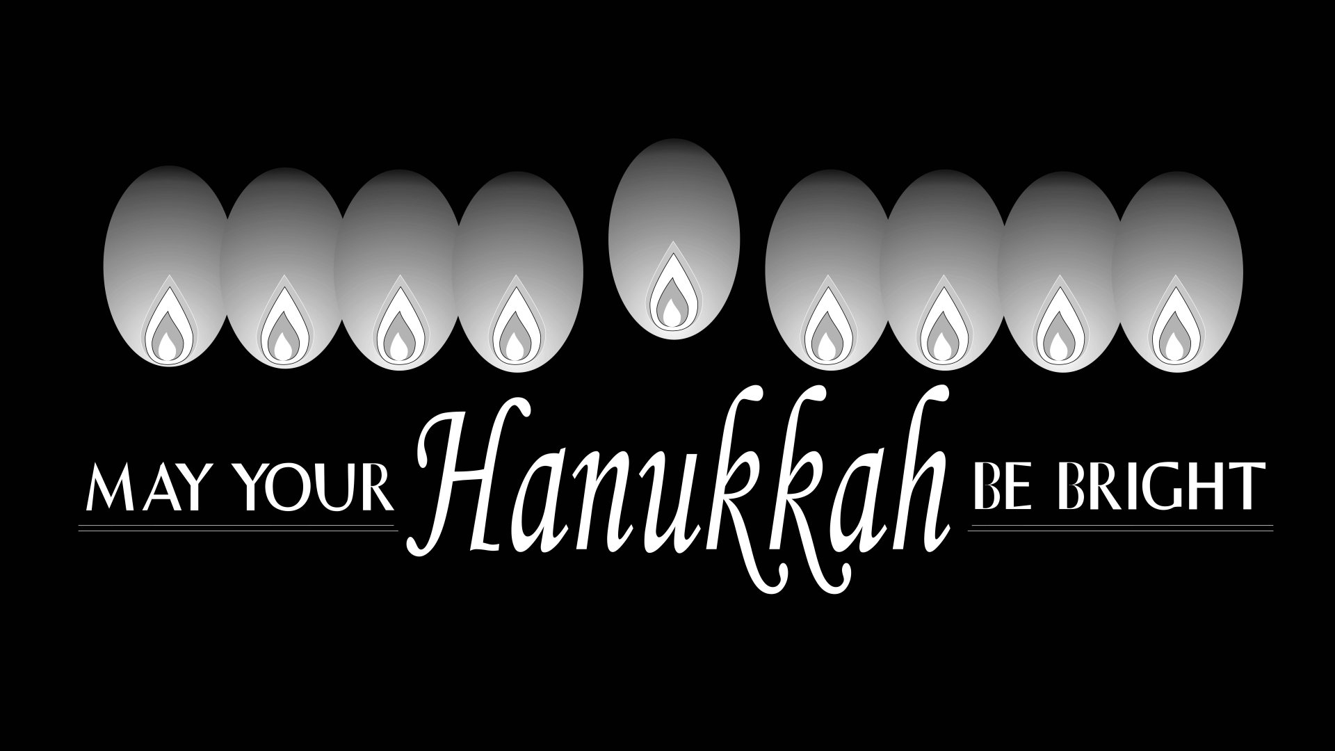8K Ultra HD PC desktop wallpaper: minimalist black-and-white Hanukkah holiday design with a stylized row of lit candles and the text May your Hanukkah be bright.
