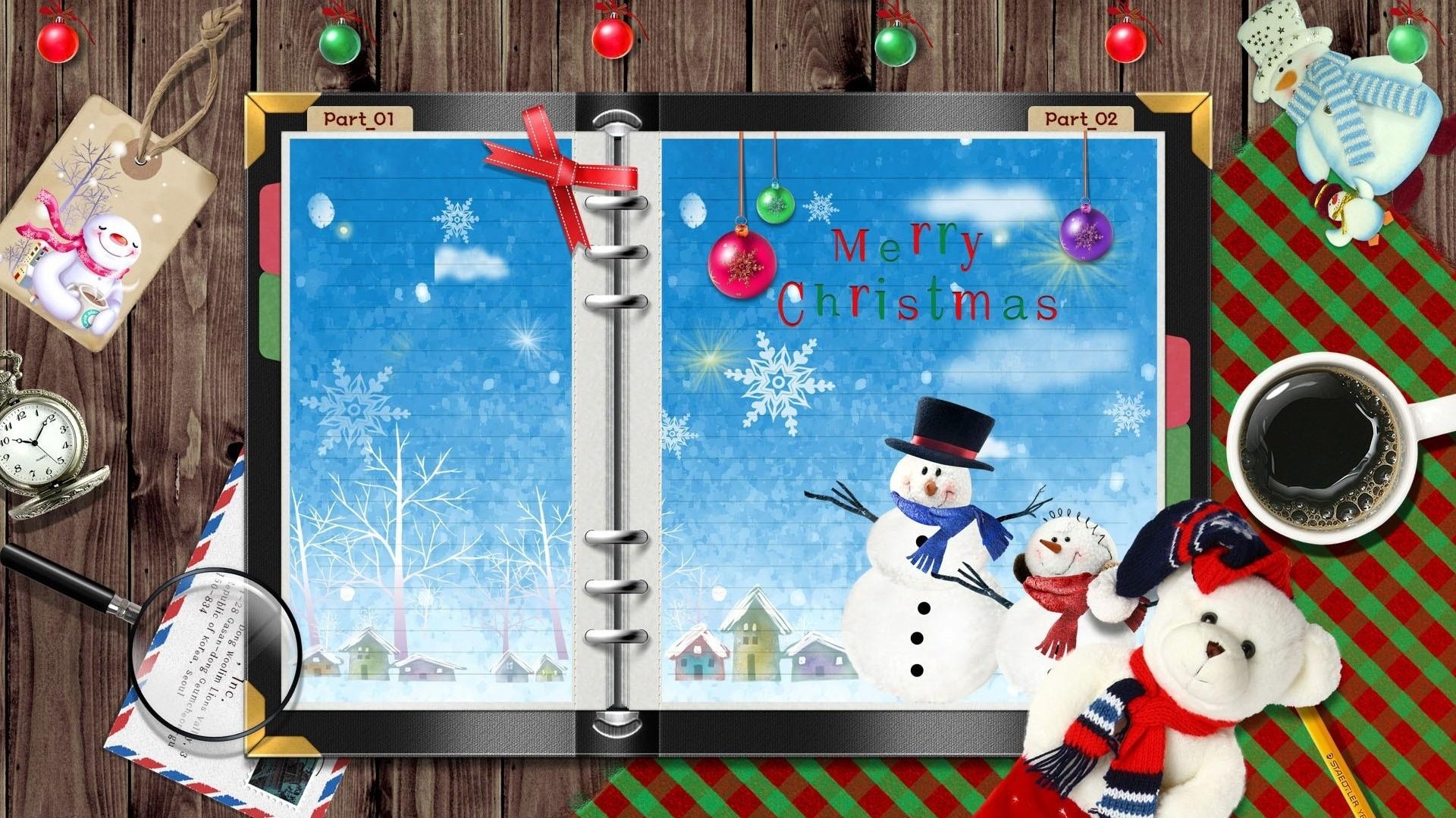 HD PC desktop wallpaper featuring a festive Merry Christmas holiday scene with a snowman, colorful ornaments, snowflakes, and cozy winter decorations on a wooden table.