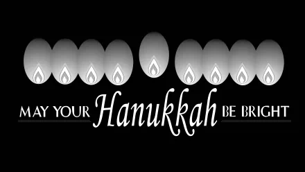 8K Ultra HD PC desktop wallpaper: minimalist black-and-white Hanukkah holiday design with a stylized row of lit candles and the text May your Hanukkah be bright.