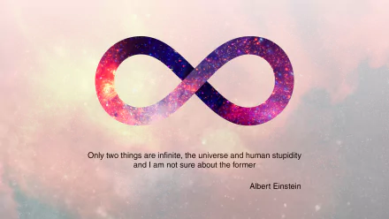 A vibrant infinity symbol against a cosmic background, featuring a quote by Albert Einstein reflecting on the universe and human nature. An inspiring HD wallpaper for science enthusiasts.