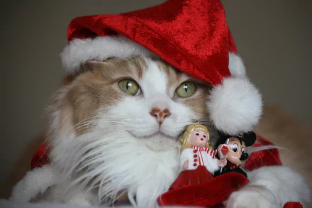A festive cat wearing a red Santa hat, surrounded by holiday decorations and cheerful toys, makes a charming Christmas-themed HD wallpaper.