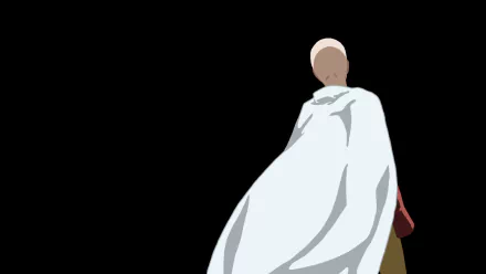 Saitama from One-Punch Man stands confidently in a stylized HD anime image, showcasing his iconic cape against a minimalist black background. Perfect addition to any anime fan's desktop wallpaper.
