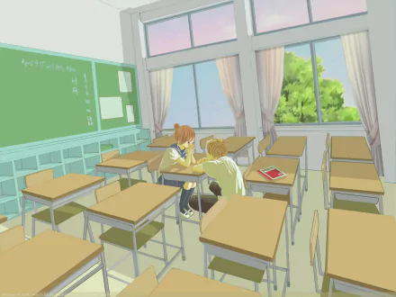 A serene classroom scene from the anime We Were There, featuring characters Motoharu Yano and Nanami Takahashi, captured in a bright, engaging HD wallpaper.
