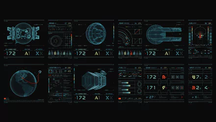 HD PC desktop wallpaper from the movie Oblivion (2013) displaying multiple blue holographic HUD panels, planetary globes and technical readouts on a dark background.