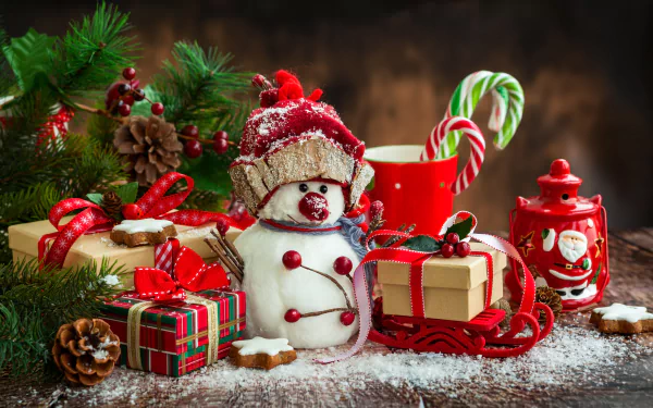 A festive scene featuring a cheerful snowman surrounded by holiday gifts, candy canes, Christmas ornaments, and lush greenery, all set against a warm, wood-toned backdrop.