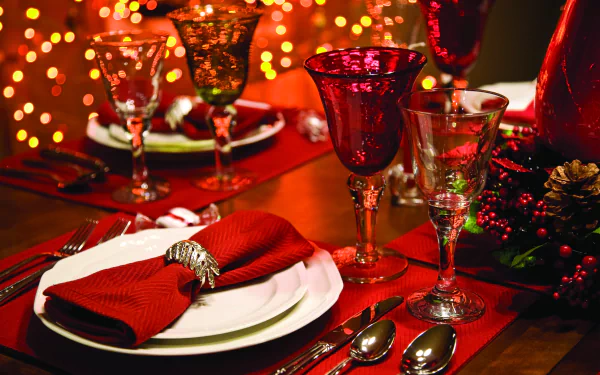 Festive holiday table setting with red glassware, a folded red napkin, and sparkling Christmas bokeh lights in an 8K Ultra HD desktop wallpaper scene.