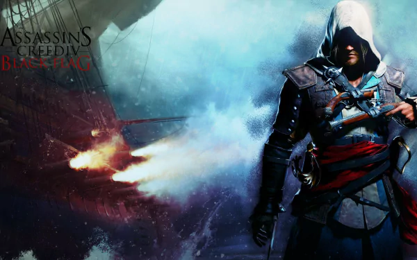 HD wallpaper featuring Edward Kenway from Assassin's Creed IV: Black Flag, showcasing a ship in the background with dynamic colors and dramatic elements.