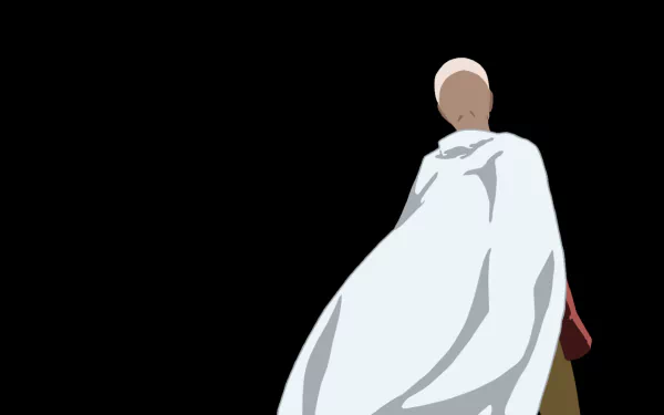 Saitama from One-Punch Man stands confidently in a stylized HD anime image, showcasing his iconic cape against a minimalist black background. Perfect addition to any anime fan's desktop wallpaper.