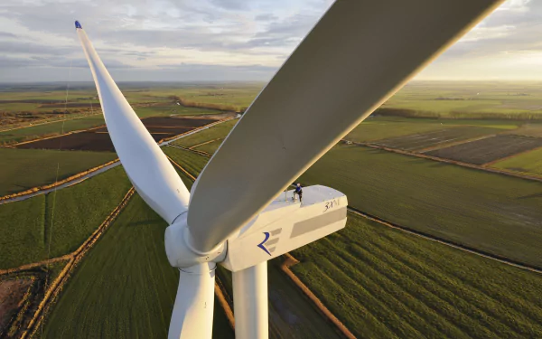 HD PC desktop wallpaper showing a close-up view of a man-made wind turbine with expansive green fields and a cloudy sky in the background.