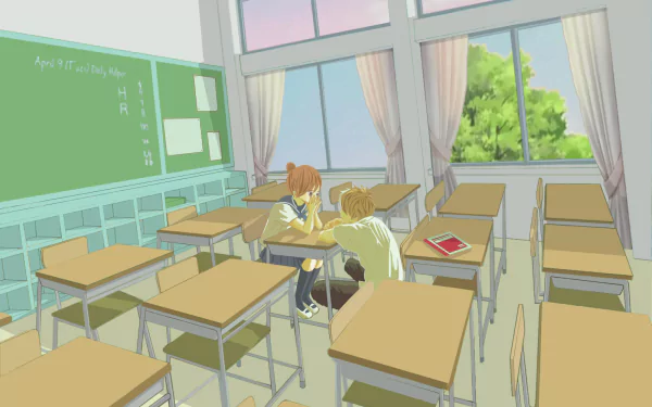 A serene classroom scene from the anime We Were There, featuring characters Motoharu Yano and Nanami Takahashi, captured in a bright, engaging HD wallpaper.