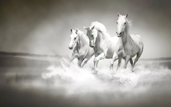 Three white horses gallop through water, creating splashes in this striking HD desktop wallpaper featuring dynamic animal and water elements.