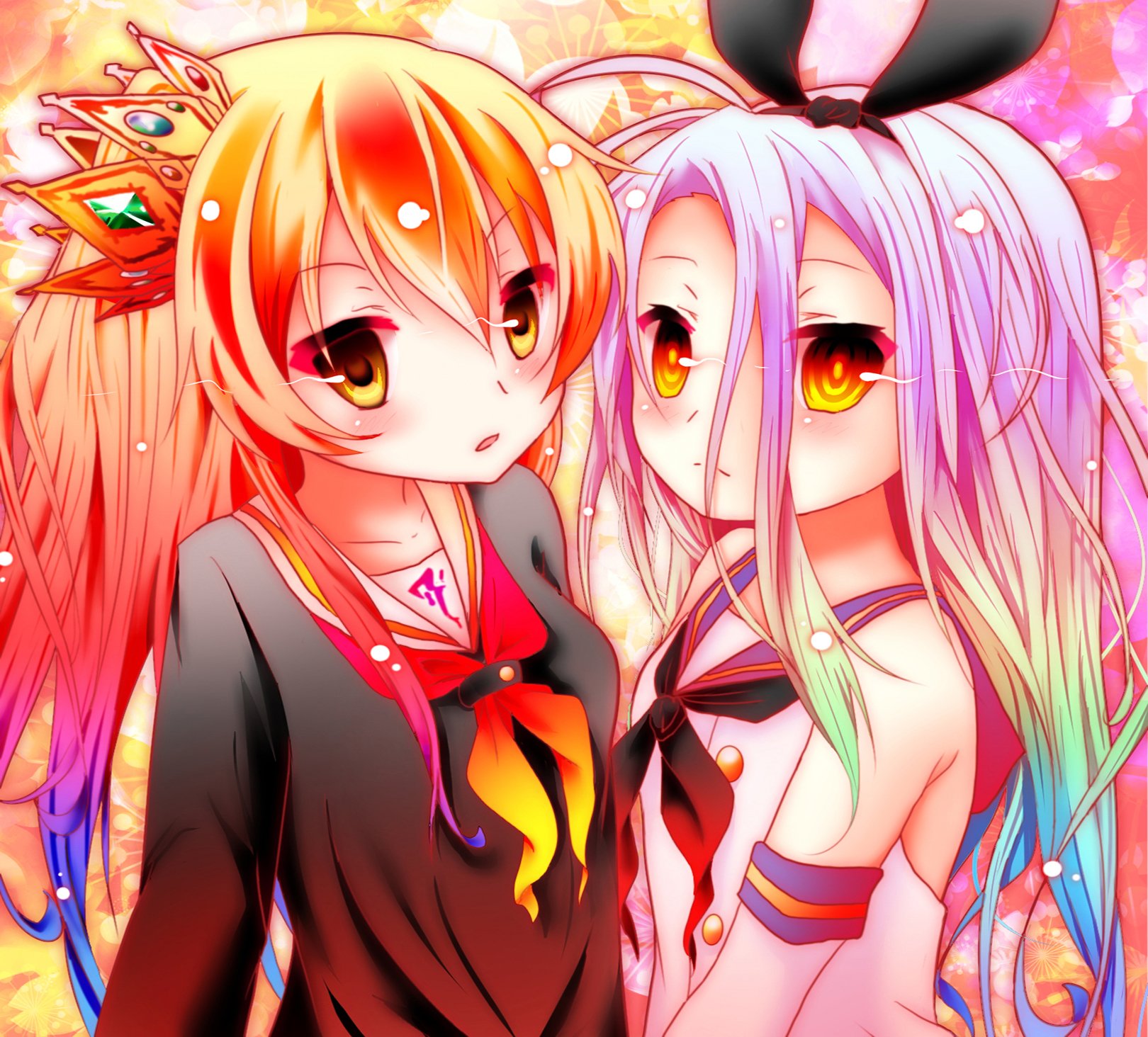 A vibrant HD wallpaper featuring Shiro and Stephanie Dola from No Game No Life, showcasing their distinct hairstyles and colorful backgrounds.