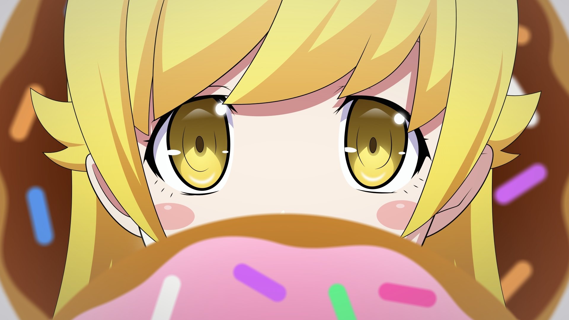Anime character Shinobu Oshino from Bakemonogatari with blonde hair and yellow eyes blushes while looking at a doughnut with pink frosting and colorful sprinkles. HD desktop wallpaper background.