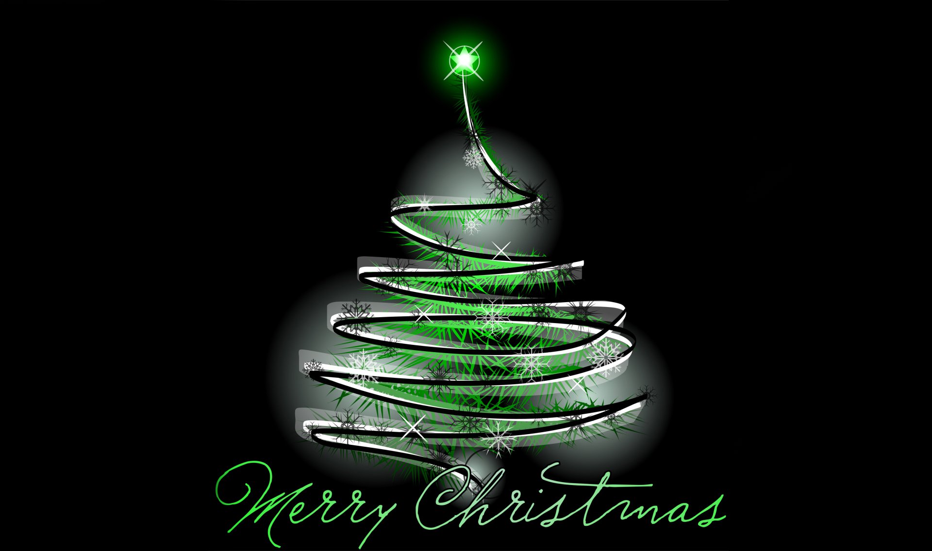 HD PC desktop wallpaper featuring a glowing green Christmas tree with a star on top and Merry Christmas text, set against a dark background for a festive holiday mood.