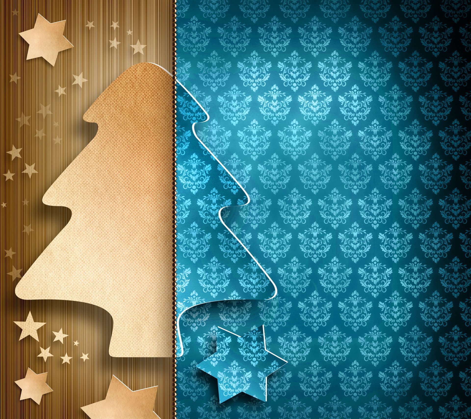 HD PC desktop wallpaper featuring layered cutout Christmas tree silhouettes on a brown and teal damask-patterned holiday background.