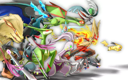 Colorful HD desktop wallpaper featuring Charizard, Pikachu, and other Pokémon in an anime style, set against a white background.