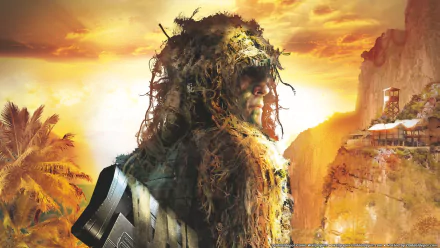 HD PC desktop wallpaper for the video game Sniper: Ghost Warrior: a ghillie‑clad sniper overlooking sunlit tropical cliffs and a cliffside village at sunrise.