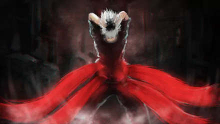 HD desktop wallpaper featuring Haise Sasaki/Ken Kaneki from Tokyo Ghoul with two-toned black and white hair, wielding red kagune. The background is artistically blurred, enhancing the dramatic effect.