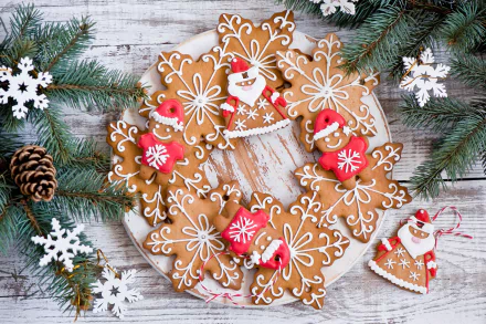 Holiday-themed gingerbread cookies shaped like snowflakes, reindeer, and Santa Claus arranged in a wreath on a rustic wooden background with pine branches and snowflake decorations.