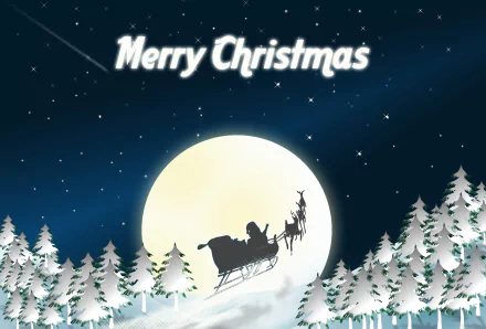 5K Ultra HD PC wallpaper: Santa Claus in a sleigh silhouetted against a full moon over snowy pines, Merry Christmas in the night sky — festive holiday Christmas scene.
