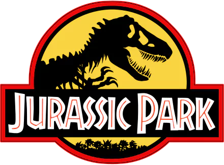A striking 4K Ultra HD wallpaper featuring the iconic Jurassic Park logo, showcasing a dinosaur silhouette against a bold yellow and red background.