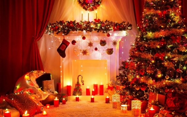 Holiday Christmas Christmas Tree Candle Christmas Ornaments Fireplace Christmas Lights Gift HD Wallpaper | Background Image