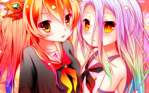 A vibrant HD wallpaper featuring Shiro and Stephanie Dola from No Game No Life, showcasing their distinct hairstyles and colorful backgrounds.