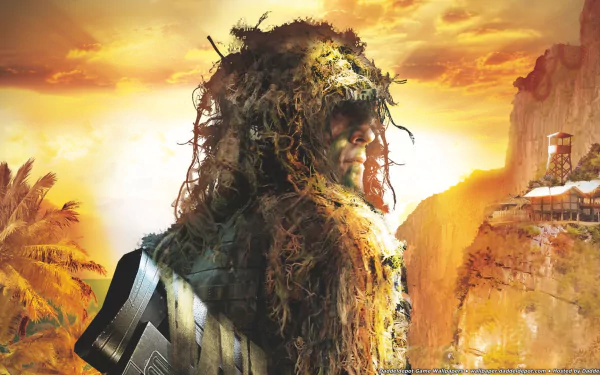 HD PC desktop wallpaper for the video game Sniper: Ghost Warrior: a ghillie‑clad sniper overlooking sunlit tropical cliffs and a cliffside village at sunrise.