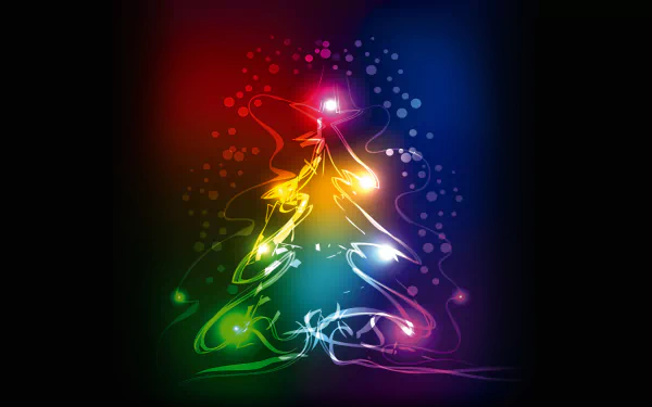 Colorful glowing Christmas tree with swirling lights and festive sparkles on a dark background, captured in 4K Ultra HD for a vibrant holiday PC desktop wallpaper.