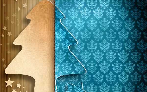 HD PC desktop wallpaper featuring layered cutout Christmas tree silhouettes on a brown and teal damask-patterned holiday background.