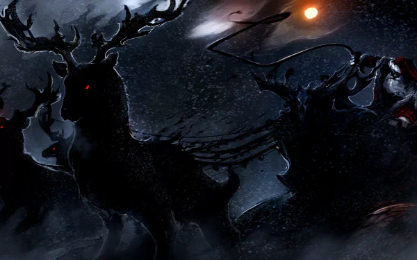 A dark, HD Christmas wallpaper depicting Santa's reindeer with glowing eyes in the night sky, evoking a mystical holiday scene.