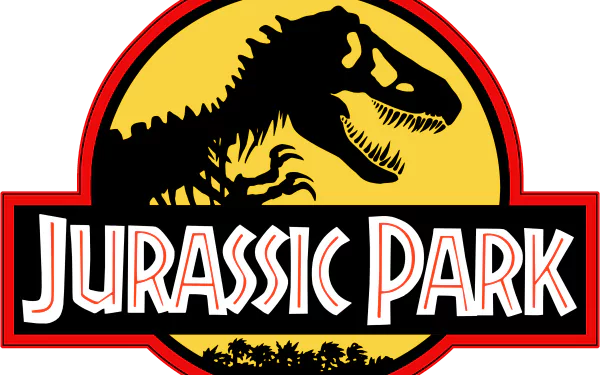 A striking 4K Ultra HD wallpaper featuring the iconic Jurassic Park logo, showcasing a dinosaur silhouette against a bold yellow and red background.
