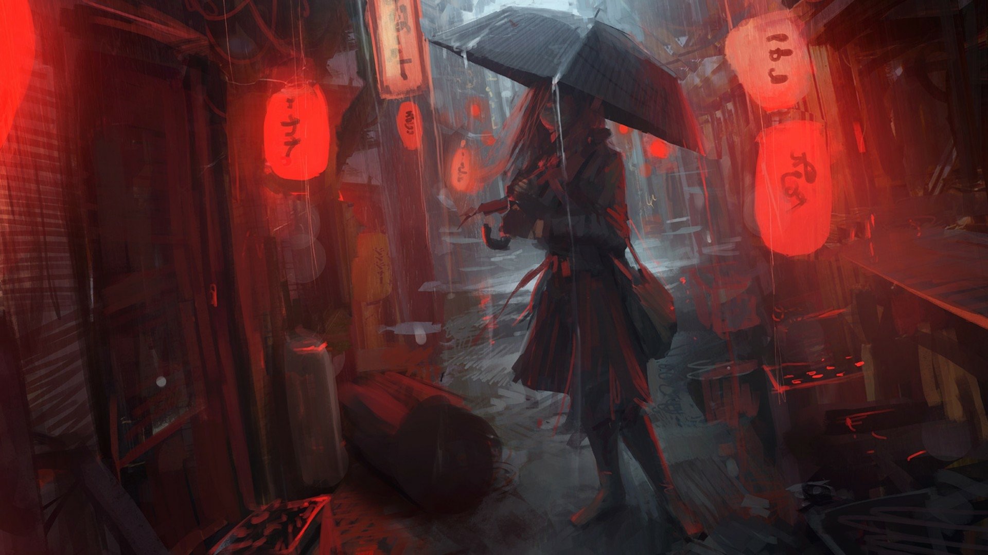 A fantasy-themed HD PC desktop wallpaper depicting a solitary woman holding an umbrella, walking through a dimly lit street adorned with glowing red lanterns in the rain.