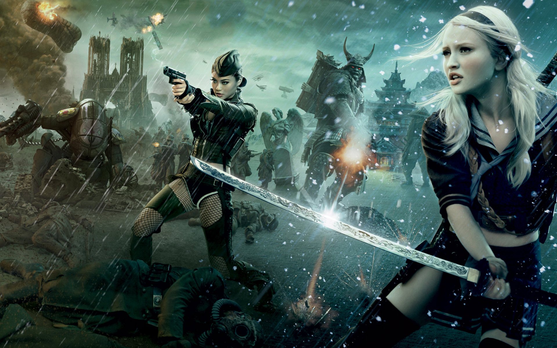 HD PC desktop wallpaper from the movie Sucker Punch: two female warriors, one firing a pistol and one brandishing a sword, clash amid snowy ruined battlements and explosions.