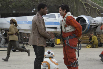 Finn and Poe Dameron share a moment, accompanied by BB-8, with an X-Wing in the background from Star Wars Episode VII: The Force Awakens. HD wallpaper.
