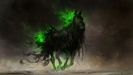 A fantasy-themed image features a spectral black horse, emanating vibrant green energy against a dark, dramatic background. A striking HD desktop wallpaper for fantasy lovers.