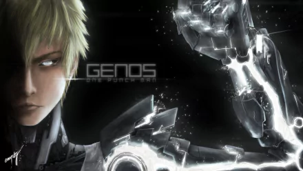HD PC desktop wallpaper featuring Genos from the anime One-Punch Man, showcasing his cybernetic arm and intense expression against a dark, dynamic background.