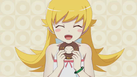 A cheerful Shinobu Oshino from the Monogatari Series: Second Season holds a doughnut, her blush and blonde hair radiating joy against a pastel background. HD wallpaper.