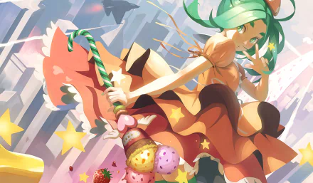 A vibrant HD wallpaper featuring Yotsugi Ononoki from Tsukimonogatari, showcasing her playful pose with a whimsical ice cream treat against a colorful, dynamic background.