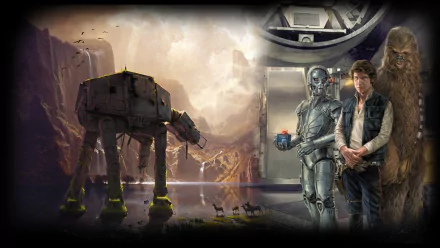 HD PC desktop wallpaper featuring a Star Wars scene with an AT-AT Walker, Chewbacca, Han Solo, and a droid in a sci-fi setting.