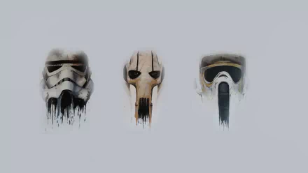 A striking HD desktop wallpaper featuring iconic Sci-Fi helmets from Star Wars, including a Stormtrooper and a battle droid, set against a minimalistic background.