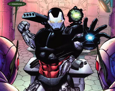 Dynamic comic depiction of War Machine, showcasing high-tech armor and powerful weaponry, set against a vibrant background, making a striking HD desktop wallpaper.