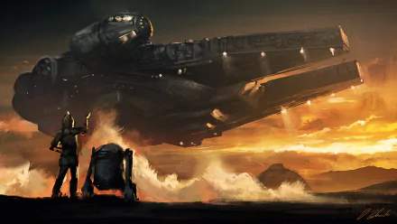 A stunning HD wallpaper featuring the Millennium Falcon and R2-D2 against a dramatic sunset, capturing the essence of Sci-Fi and the Star Wars universe.