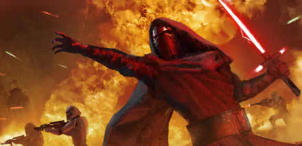 A dramatic scene from Star Wars Episode VII: The Force Awakens features Kylo Ren wielding a lightsaber against a fiery backdrop, with a stormtrooper in the foreground.