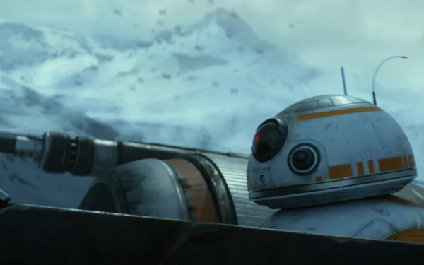 BB-8 explores a snowy landscape in this HD wallpaper from Star Wars Episode VII: The Force Awakens, showcasing the beloved droid amidst dramatic scenery.