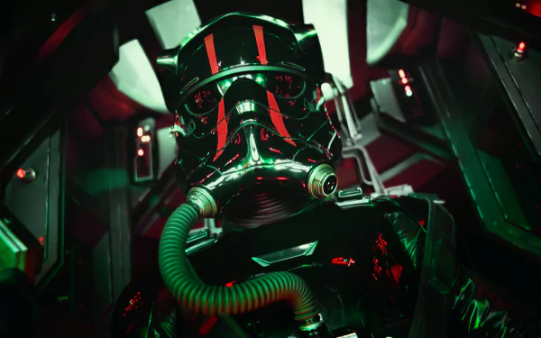 Close-up of a TIE fighter pilot helmet from Star Wars Episode VII: The Force Awakens, showcased in an 8K Ultra HD PC desktop wallpaper and background.