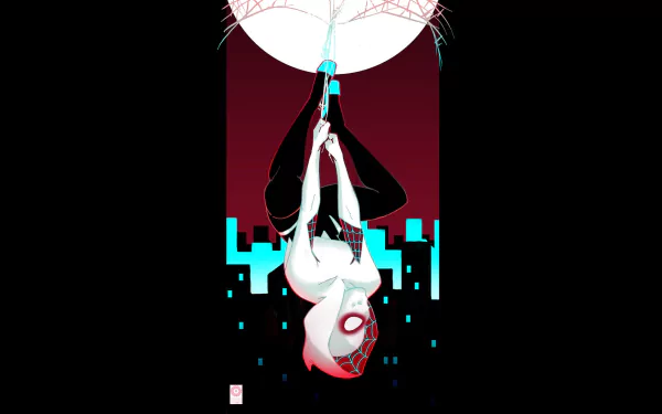 HD PC desktop wallpaper featuring Spider-Gwen hanging upside down in her white, black, and pink costume against a dark cityscape with digital glitch effects.