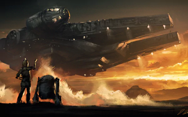 A stunning HD wallpaper featuring the Millennium Falcon and R2-D2 against a dramatic sunset, capturing the essence of Sci-Fi and the Star Wars universe.